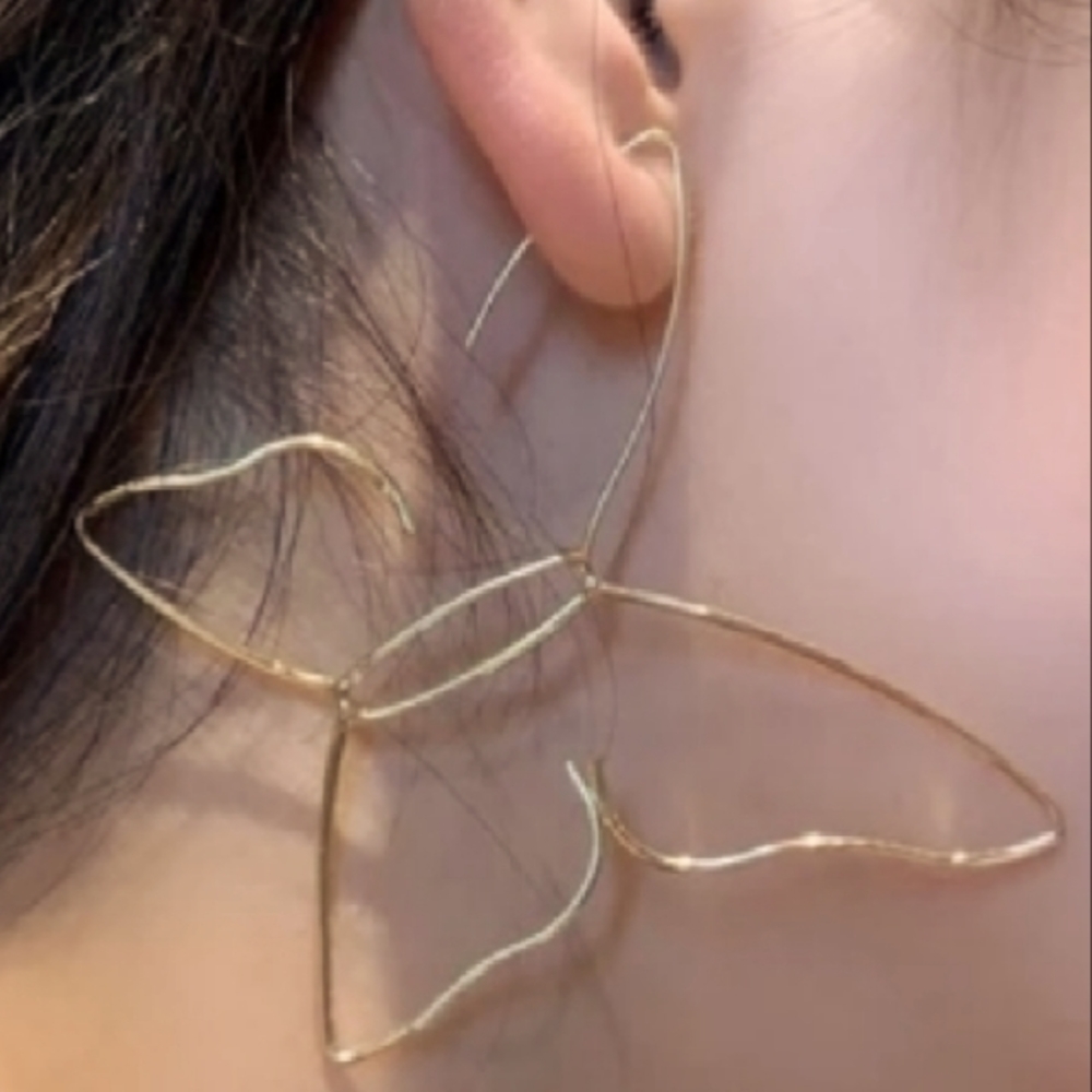 Big Butterflies Wire Hoops Earrings Gold XL Hoop Line Art Butterfly Outline New